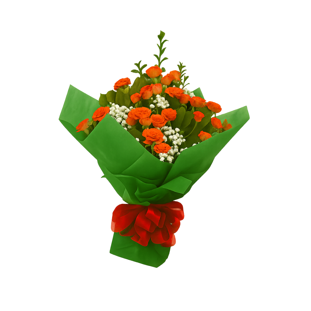 Bouquet of orange roses and white flowers wrapped in green paper with a red bow on a white background