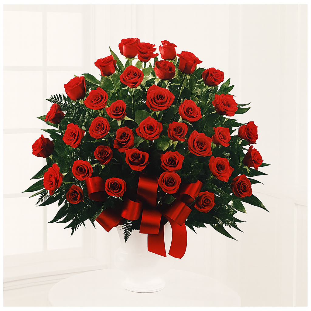 Bouquet of red roses with green leaves and a red ribbon on a white background