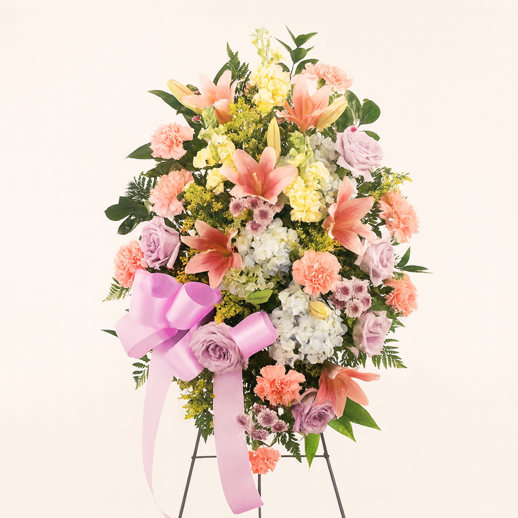 Floral arrangement with a pink bow on a white background