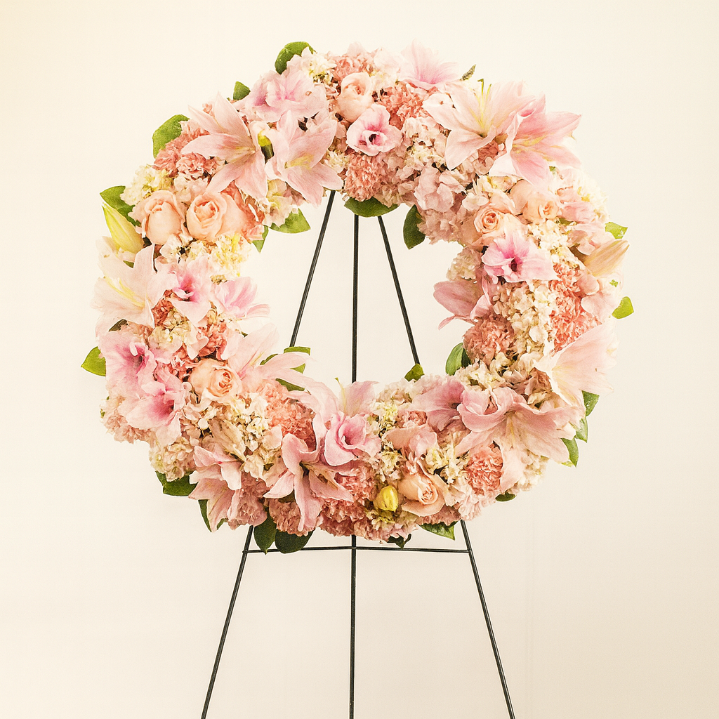 Floral wreath with pink and white flowers on a stand against a light background