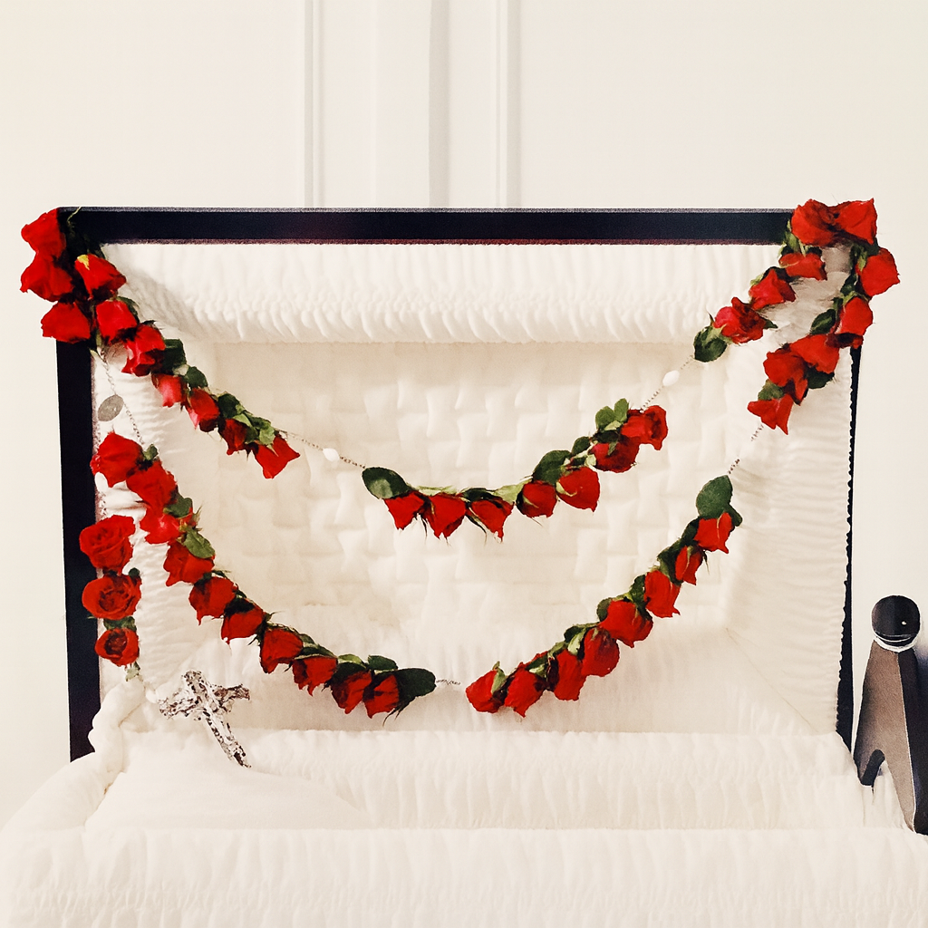 Decorative red rose garland on a white chest with a white background