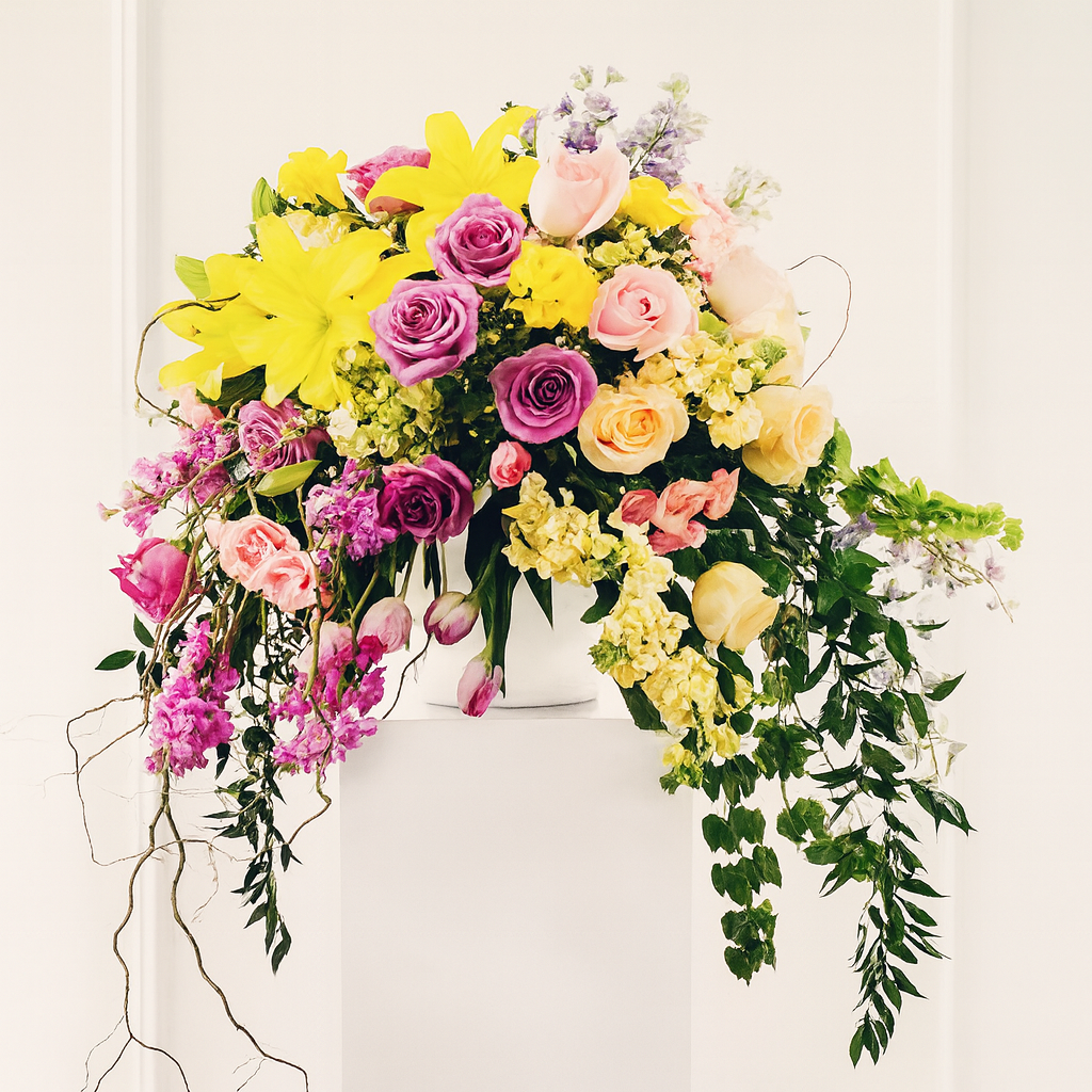 Colorful flower arrangement with yellow, pink, and green flowers on a white background